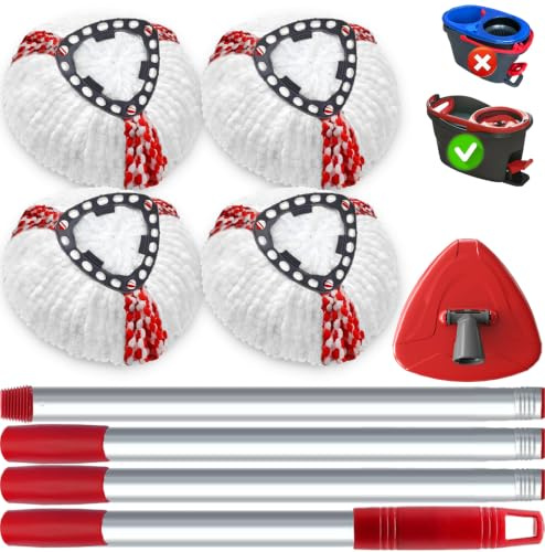 Spin Mop Head Replacement Base Handle Set for Vileda All Turbo System | 4 Pack 100% Microfibre Mop Refill+1 Adjustable Mop Handle+1 Triangle Base for Floor,Kitchen,Car,Machine Washable and Reusable