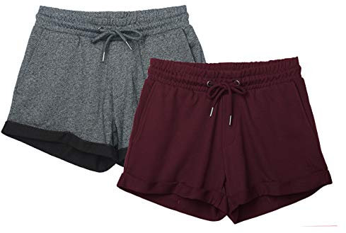 icyzone Damen Shorts Kurze Sporthose Jogginghose Atmungsaktiv Laufshorts Gym Fitness Shorts 2er Pack (XL, Charcoal/Wine)