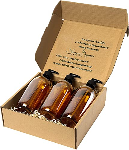 Nomara Organics Soap Dispensers set, Glass. BPA-free Lockable Pumps, Caps. Refillable & Reusable Amber Bottles for a Gift/Bathroom/Handwash/Lotion & Soap Dispensers/Kitchen (AMBER, 3 X 500ML)