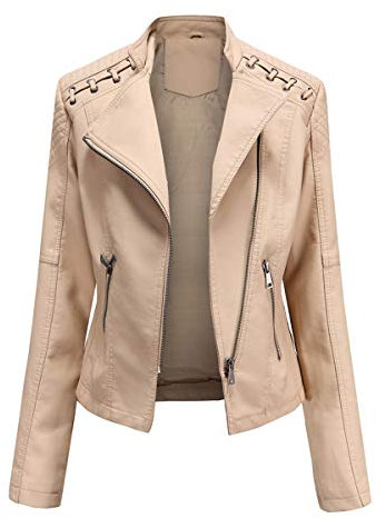 YYNUDA Veste Femme de Motard Vintage Blouson en Cuir PU Veste Moto Beige XL
