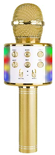 MAX KM15G Karaoke Microphone with Bluetooth, LED Lights, Gold – Wireless Mic, Built-in Speaker, Rechargeable Battery, Portable for Singing & Parties, Bluetooth Streaming for iPhone & Android