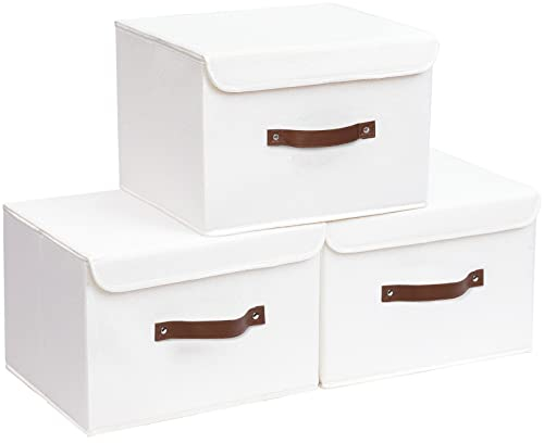 Yawinhe 3 Stück Aufbewahrungsbox aus Stoff, Faltbare Stoffboxen, Waschbare, für Schlafzimmer, Kleideraufbewahrung, 38x25x25cm, Weiß, SNK018WL