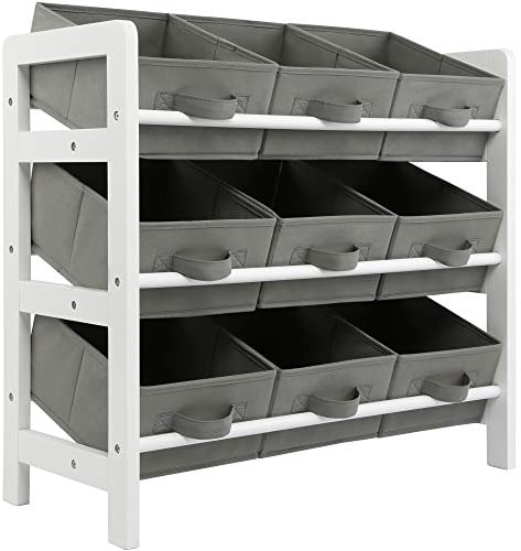 Charles Jacobs 3 Tier Toy Storage Unit with 9 Fabric Boxes for Kids Bedroom (Grey)