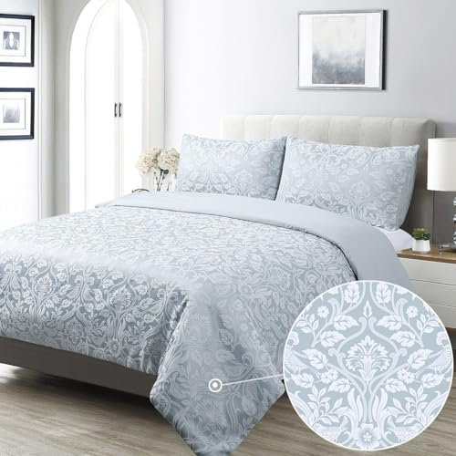 Duck Egg Damask Duvet Cover Set Double Textured Luxury Jacquard Flower Birds Floral Blossom Cottage Country Blue Bedding Set 3 Pieces 200x200 Elegant Vintage Classic