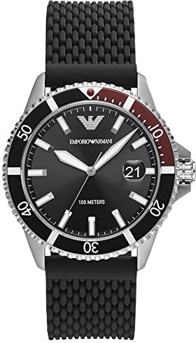 Emporio Armani Reloj Hombre, Movimiento de tres manecillas con fecha, caja de acero inoxidable plateado de 43 mm con correa de acero inoxidable, AR11341, Carbón y negro