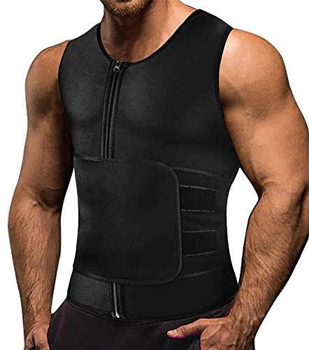 Memoryee Uomo Gilet Sudore Neoprene Camicia Allenamento Body Shaper Tuta Sauna Allenatore Sportivo Fitness Cerniera Canotta/Black(Single Belt)/M