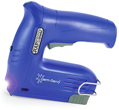 Rapesco 1634 Germ-Savvy Antibatterico, T12-USB Graffatrice Elettrica Cordless con Batteria 4V Li-Ion Integrata, Blu