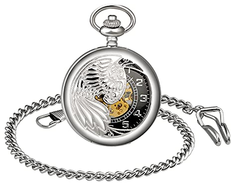 SUPBRO Damen Herren Taschenuhr Adler Analog Mechanische Kettenuhr Uhr Pocket Watch mit Halskette Pullover Kette Silber