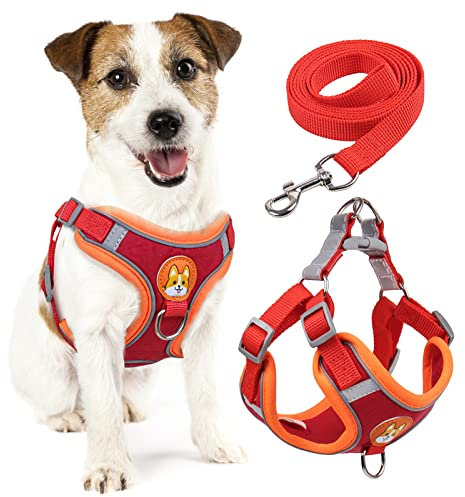 rennaio Hundegeschirr Kein Ziehen, Verstellbares Welpengeschirr mit 2 Leinenclips, Reflektierendes Hundegeschirr und Leine Set für kleine und mittelgroße Hunde (Rot, l)