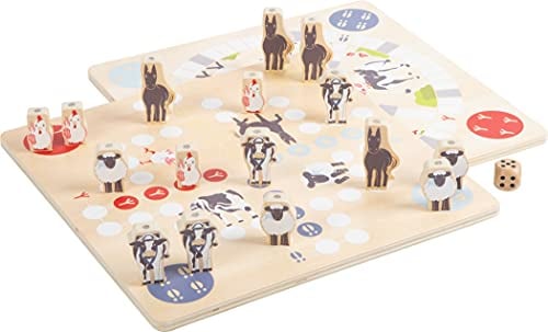 small foot Spielesammlung 4 Friends aus Holz, Ludo, Leiterspiel, Pferderennen und Stapelspiel, ab 4 Jahren, 12228