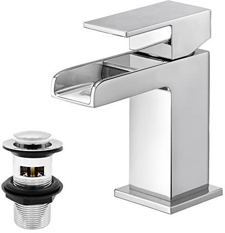 BATHWEST Grifos de lavabo cuadrados de cascada con desagüe, monobloc de latón cromado con drenaje, 612 m