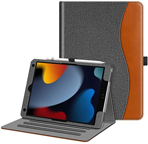 FINTIE Coque Compatible avec iPad 10.2” 9ème Génération 2021 / 8ème Gén 2020 / 7ème Gén 2019, Housse Multiposition Etui Veille/Réveil Automatique Protection des Coins, Gris/Marron