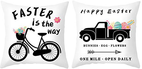 Lieson Kissenbezug Dekorativ, Kissenbezug Set Kinder Deko Kissenhülle 50x50 Zierkissenbezug Weiß Schwarz Auto Fahrrad Ostereier Blumen, Polyester