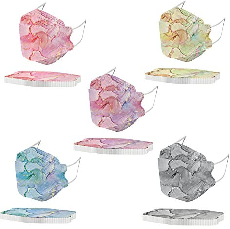 50Stück Erwachsene Mundschutz mit Bunt Blumen Motiv, Fischform Masken 4-Lagige Nasenschutz 3D Mund-Tuch Einweg Mund-Nasen-Schutz Bandana Atmungsaktiv Staubdicht Halstuch Schals für Damen Männer