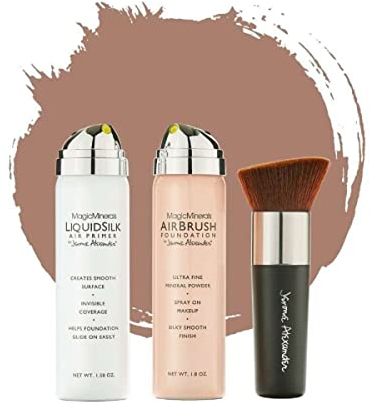 Jerome Alexander MagicMinerals AirBrush Foundation Make up Set - 3 Stück - Foundation + Fixier Spray + Pinsel – Integriertes Make-up mit Hautpflege feuchtigkeitsspendend (Medium Dark, 50 + 45 ml)