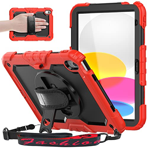 SEYMAC Custodia per iPad 10a generazione 2022 10,9 Pollici, Resistente agli urti con Protezione per lo Schermo, Supporto Girevole a 360°/Cinturino da Polso, Portapenne, Rosso