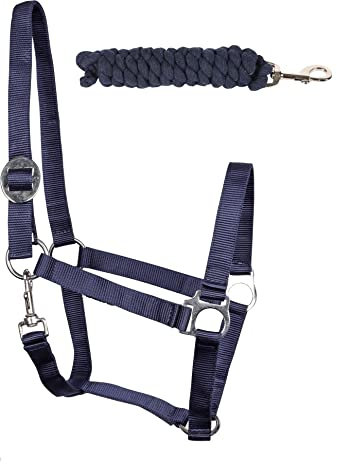 ARBO-INOX Halfter-Set Basic Halfter stufenlos verstellbar mit Führstrick (Pony, Navy)