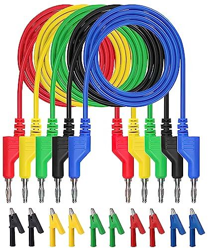 VOSSOT 5 cavi di misurazione multimetri, 4 mm, 5 colori, set di cavi di misurazione con 10 morsetti a coccodrillo, cavo di misurazione lsolato, doppio morsetto, multimetro, tester di tensione