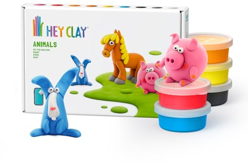 Hey Clay Tiere: Piggy, Pferd, Kaninchen Set – Bunte Modellierung Kinder – Lufttrocknen Ton Kit 6 Dosen mit Spaß Interaktive Anleitung App