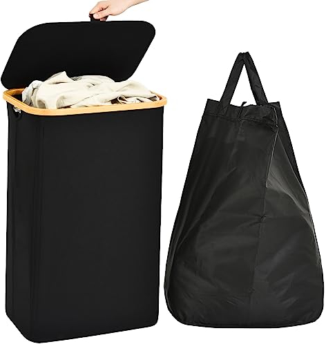 ROSOS Laundry Basket with Lid, 102L Collapsible Laundry Baskets with Removable Laundy Bag & Easy Carry Bamboo Handle, Waterproof & Foldable Laundry Hamper with Lid, Black