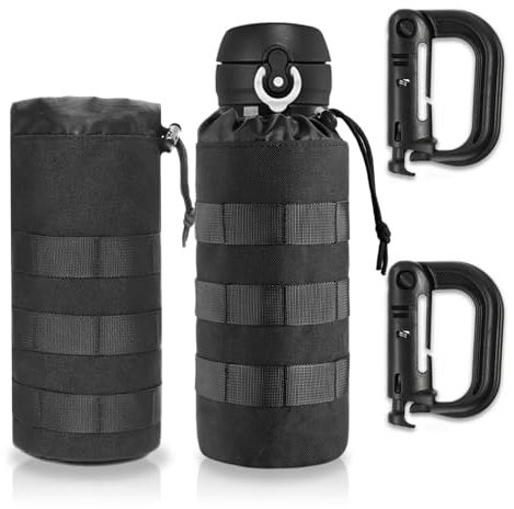 Udbrud 2 Stück Taktisch Flaschenhalter, Militär Trinkflasche Beutel mit 2 Haken, Molle Wasserflaschenhalter Tragbarer Wasserbehälter Beutel Tasche mit Kordelzug und Mesh Unterseite für Wandern Laufen