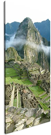 Machu Picchu Inka Stadt Panorama 80x40 cm als Leinwandbild, Motiv fertig gerahmt auf Echtholzrahmen, Hochwertiger Digitaldruck mit Rahmen