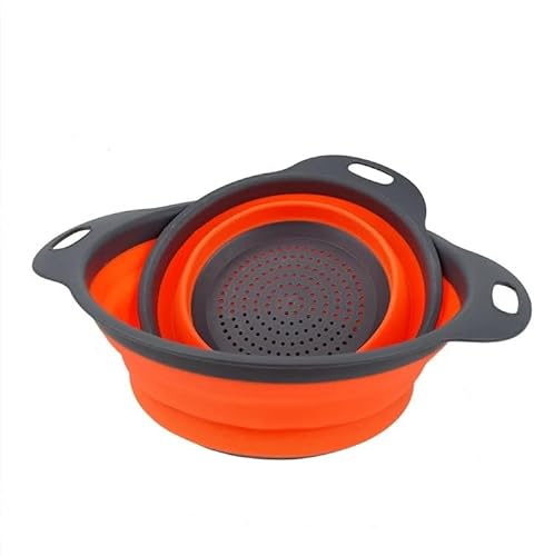 Strainer- Colander for Food, 2Pcs Silicone Collapsible Strainer Set for Draining Fruit, Vegetable, Pasta and More, BPA-Free Kitchen Foldable Sieve, Heat-Resistant (Orange, Silicone)