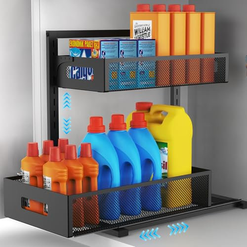 Organizador para debajo del fregadero, organizador de gabinete extraíble de altura ajustable, organizador de baño de 2 niveles con cajones deslizantes, organizadores de cocina y almacenamiento de