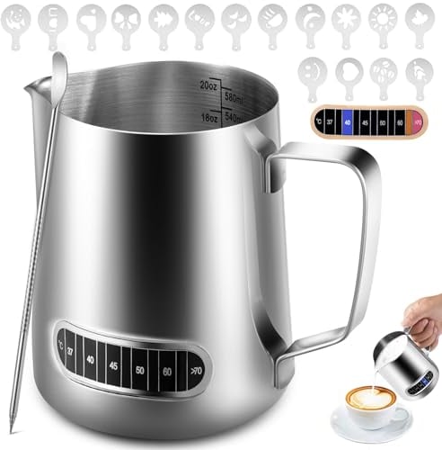 Anpro Milchaufschäumkrug, 600 ml, 304 Edelstahl, Milchkrug mit Thermometer, Latte-Dekorations-Stift und 16 Kaffee-Schablonen, Metall-Barista-Zubehör für Kaffee, Latte und Cappuccino