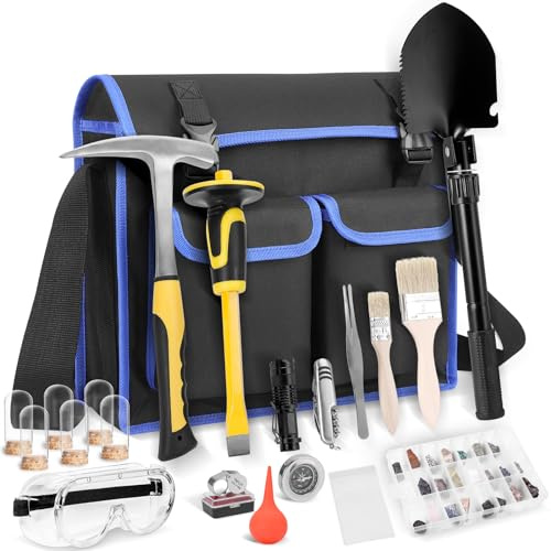 25 PCS Geology Rock Pick Equipment Kit, 32 oz. Rock Hammer with 12 Mason Concrete Chisel, Safety Glasses, Whistle, jewelers loupe, Tool Set for Hounding,Gold Mining & Prospecting, Stone Breaking