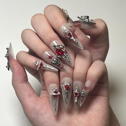 24pcs Long Stiletto False Nails, Gothic Press on Nails Red Gem Stick on Nails Butterfly Fake Nails Removable Glue-on Nails Acrylic Full Cover Fake Nails Women Girls Nail Art Accessories