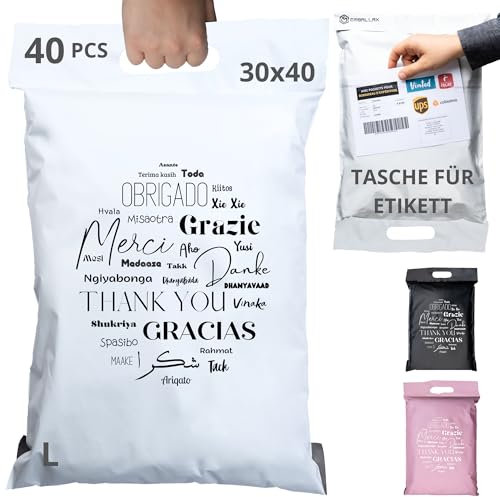 40 Versandtaschen MIT VERSANDSCHEIN - L 30x40cm - 100% UNDURCHSICHTIG/WIDERSTANDSFÄHIG - Versandtüten für Kleidung - Warensendung Umschlag für Kartons - Versandbeutel mit Griff - Versandtasche