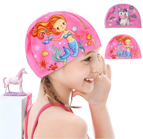Cuffia da Nuoto per Bambini Unicorni e Sirene, Cuffia da Nuoto Elastica per Ragazze per Capelli Lunghi e Corti, Cuffia da Nuoto per Bambini dai 4 ai 10 Anni