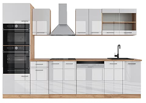 Vicco cucina componibile R-line, Bianco lucido/oro power oak, 300 cm con armadio alto, PL Rovere