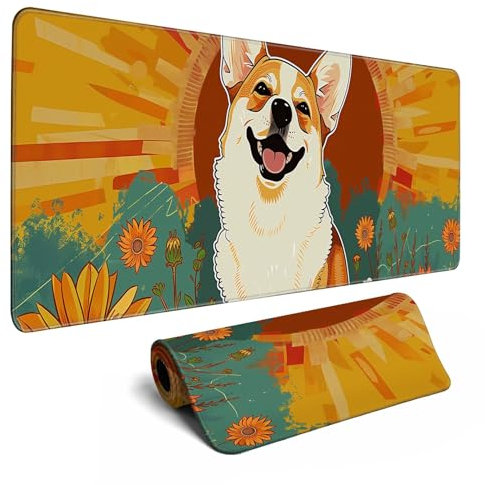 Cute Dog Mouse Desk Pad Kawaii Yellow Desk Mat Desk Decor Large Gaming Mouse Pad For Desk Mousepad Computer Office Keyboard Laptop Big Corgi Mouse Pad Xl(31.5x11.8 In)-With Non-Slip Base Stitched Eges