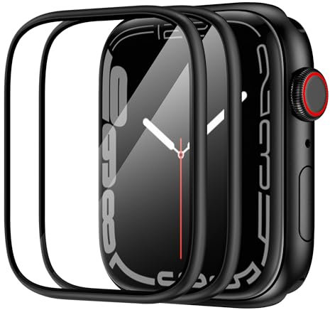 SWUU Displayschutzfolie aus gehärtetem Glas mit Metallrahmen, kompatibel mit Apple Watch Serie 9, 8, 7, 45 mm, einfache Installation, Rahmen, wasserdichte Folie für iWatch 9, 8, 7, 45 mm, Schwarz, 2