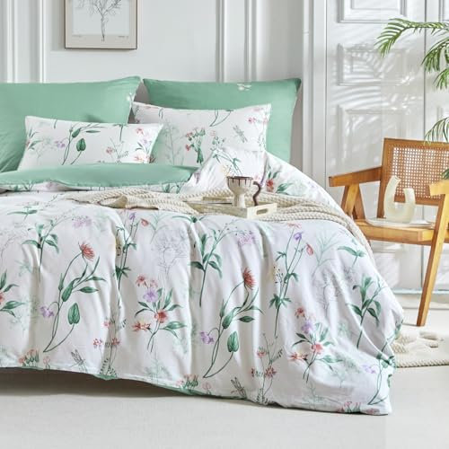 Lekesky Double Duvet Cover 100% Cotton White Bedding Set, Red Floral Flowers Double Duvet with Pillowcases for Bedding, Cotton Duvet Cover Sets 200x200 cm, White/Red Floral