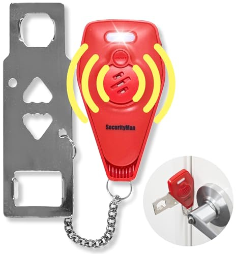 SecurityMan Portable Door Lock for Hotel, Apartment, & Travel - Renter Friendly Apartment Door Lock - Loud 130dB LED Alarm - Rechargeable Door Locks for Travelers - Hotel Room Security Devices - Red