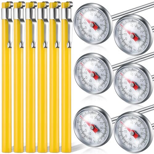 Xuhal 6 Pcs Stainless Steel Kitchen Thermometer with 5 Inch Long Stem 1 Inch Dial Thermometer Milk Frothing Food Thermometer for Oven Probe Meat Grill BBQ Cooking Chocolate Water(Yellow)