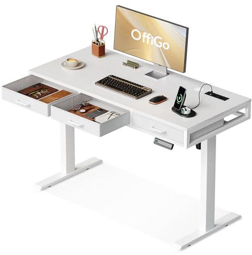 OffiGo Scrivania Regolabile con Cassetto, 120 cm Scrivania Elettrica con Presa, Scrivania Ufficio Motorizzata, Standing Desk, Bianco