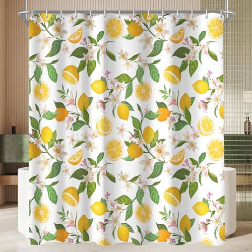 Lerores Duschvorhang 180x200cm Zitronenblätter, Beschwerter Saum Saum Antischimmel, Wasserabweisend, Waschbar Polyester Badevorhänge mit 12 Ösen und Duschvorhangringen für Badezimmer, Badewanne