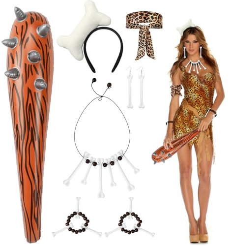 7STK Steinzeit Kostüm Accessoires, Keule Aufblasbar, Knochen Haarreif, Kette, Armband, Ohrringe, Leoparden Band - Fasching Wilde Höhlenmensch Kostüm für Damen, Kinder, Karneval, Cosplay Party