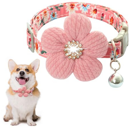 BelleVive Collier pour petit chien avec fleur - Collier pour petit chien - Collier pour chiot pour fille - Longueur réglable - Collier pour chiot avec clochette - Rose