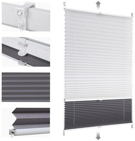 Sekey Plissee Doppelplissee Day+Night Verdunkelung ohne Bohren verspannt Lichtschutz Klemmfix Lichtdurchlässig Ausbrenner-Muster 90x200cm Druck & Grau