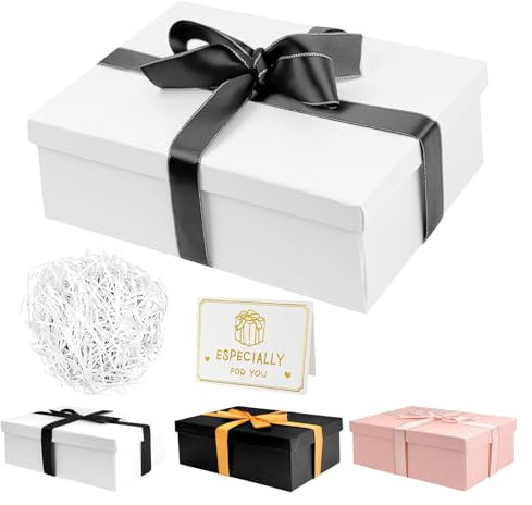 Geschenkbox mit Deckel 25 x 18 x 8,5 cm,Geschenkbox Geburtstag mit Grußkarten,Geschenkverpackung Geburtstag für Mädchen Hochzeit Muttertag Weihnachten Valentinstag (Weiß)
