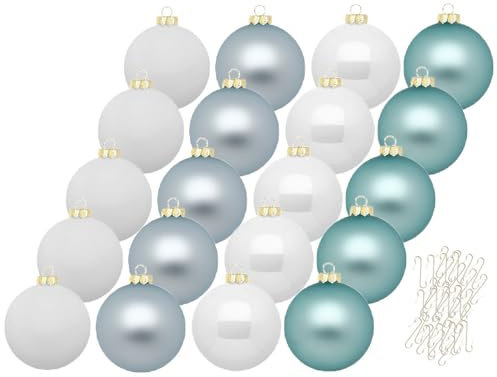 Inge Glas Weihnachtskugeln mit Haken | Schöne Christbaumkugeln aus Glas | Set 20 Kugeln und 40 Aufhänger | Christbaumschmuck Weihnachtsbaumkugeln (Nordic Journey | weiß blau)