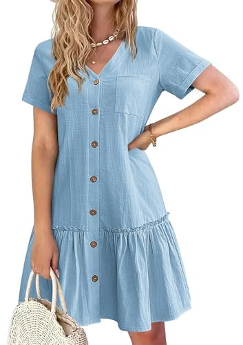 HOTOUCH Women Summer Cotton Linen Dress Button Down Dresses V-Neck Ruffle Hem Casual Dress Short Sleeve Beach Dresses Light Blue M