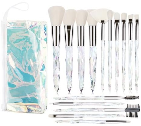 Juego de 15 brochas de maquillaje de diamantes coloridos, brochas Kabuki para base, corrector, polvo facial, sombras de ojos, resaltado, brochas profesionales para maquillaje facial y ojos para niñas