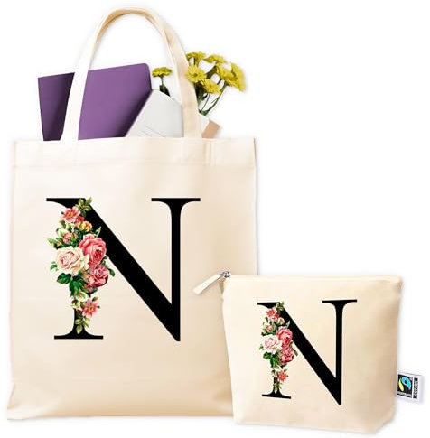 Personalisierte Tasche - Personalisierte Baumwolltasche Initiale & Kosmetiktasche – Geschenkset für Frauen, Mama – Tote Bag Damen Einkaufstasche Stoff – Personalisierte Geschenke Frauen