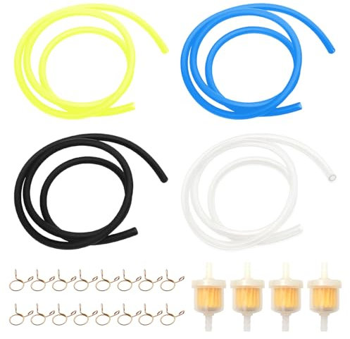 SacJkt Fuel Line Hose Kit, 4pcs Colorful High Temperature Resistant Petrol Pipe with 16 Hose Clamps and 4 Fuel Filters, Suitable for Motorcycle, Trucks, Cars, Scooter (1M)